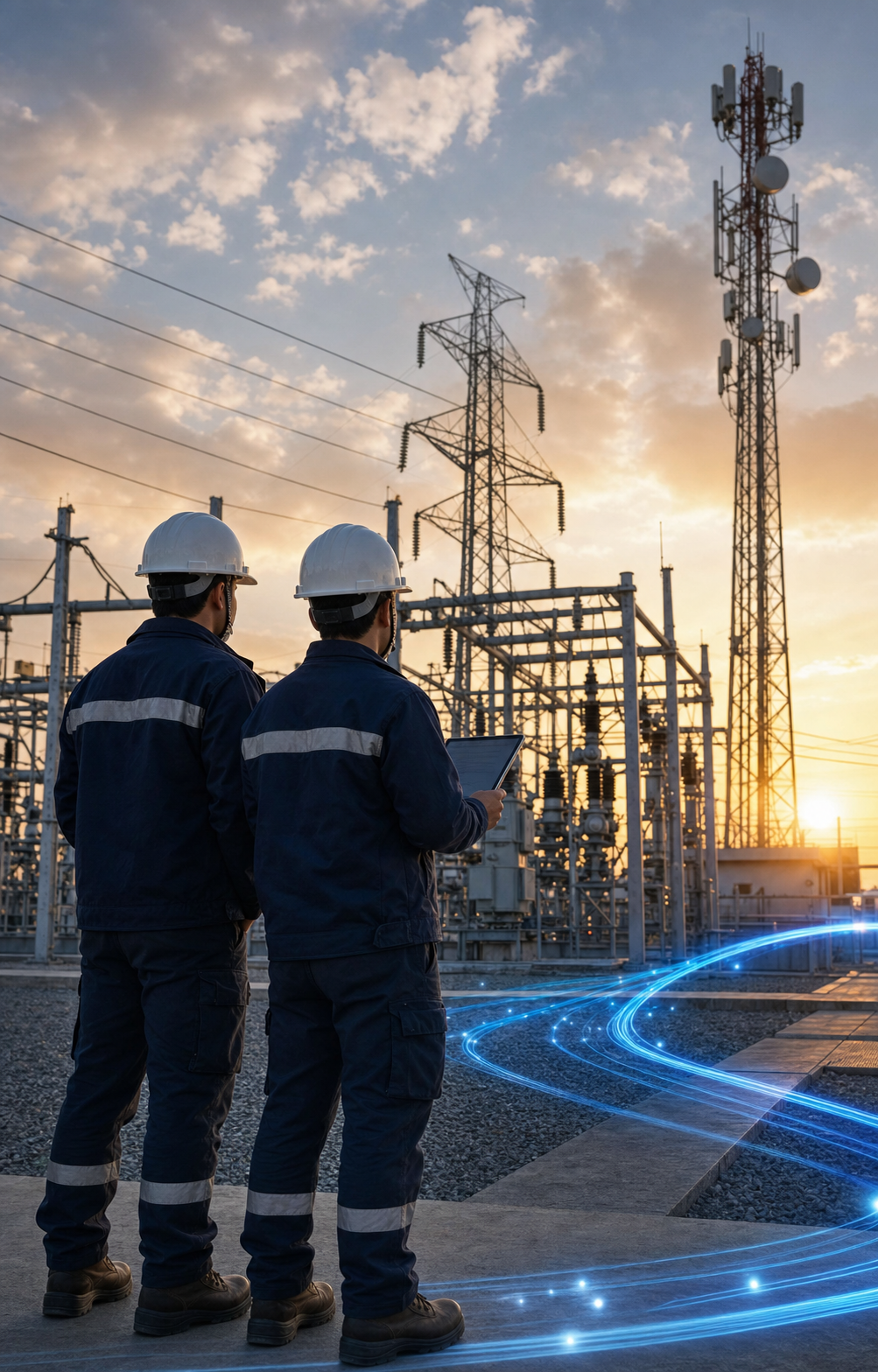 Ingenieros de Enerdatel supervisando una subestación eléctrica y torre de telecomunicaciones